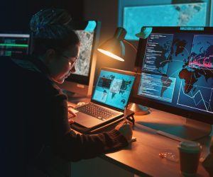 Cybersecurity, woman and writing global location info with map graphic for phishing and hacker data